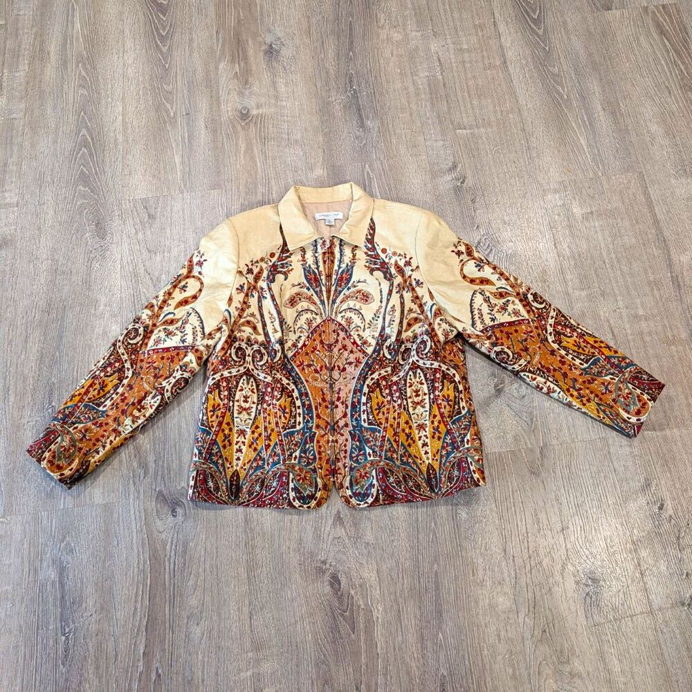 Coldwater Creek Paisley Tapestry Full Zip Jacket Petite Large Tan Boho Vintage